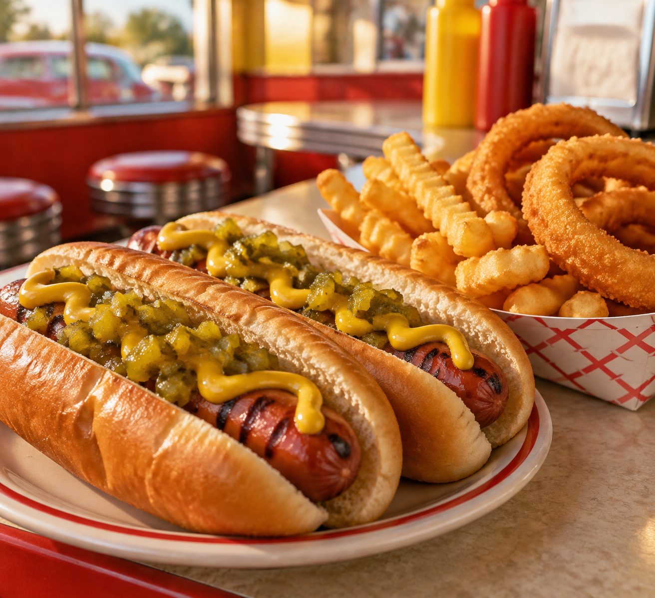Two grilled hot dogs with mustard and relish, fries and onion rings